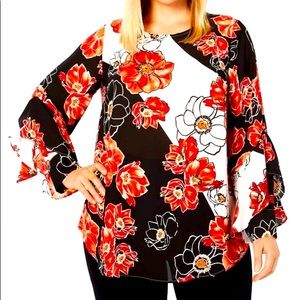 Alfani Tiered Sleeve Flowy Floral Colorblock Top